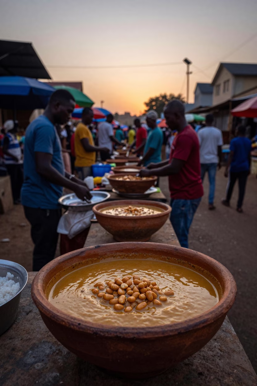 Accra Ghana Street Market Before Dawn with Maafe Bowl and Mug in in Accra, Ghana