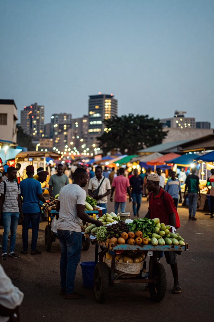 Accra Ghana Street Market Evening with Rolling Carts and City Lights Glow in in Accra, Ghana