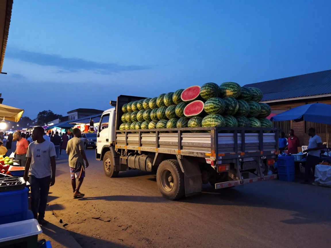 Accra Ghana Street Market Scene at Indigo Twilight with Watermelon Truck and Local Commerce in in Accra, Ghana