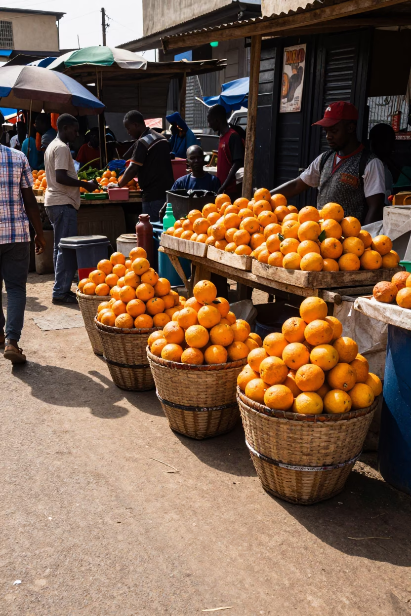 Accra Ghana Street Market Scene Early Afternoon Sunlight and Oranges in in Accra, Ghana