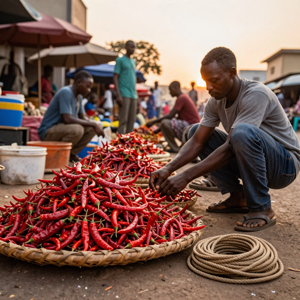 Accra Ghana Street Market Scene with Chili Peppers and Coiled Rope at Golden Hour in in Accra, Ghana