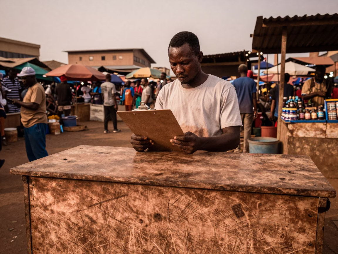 Accra Ghana Street Market Stall with Clipboard in Copper Dusk Light in in Accra, Ghana