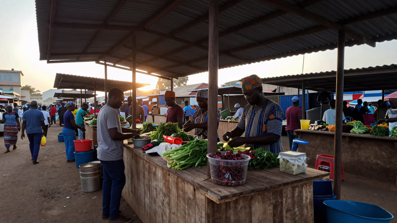 Accra Ghana street market vendors preparing fresh ingredients before sunrise in in Accra, Ghana