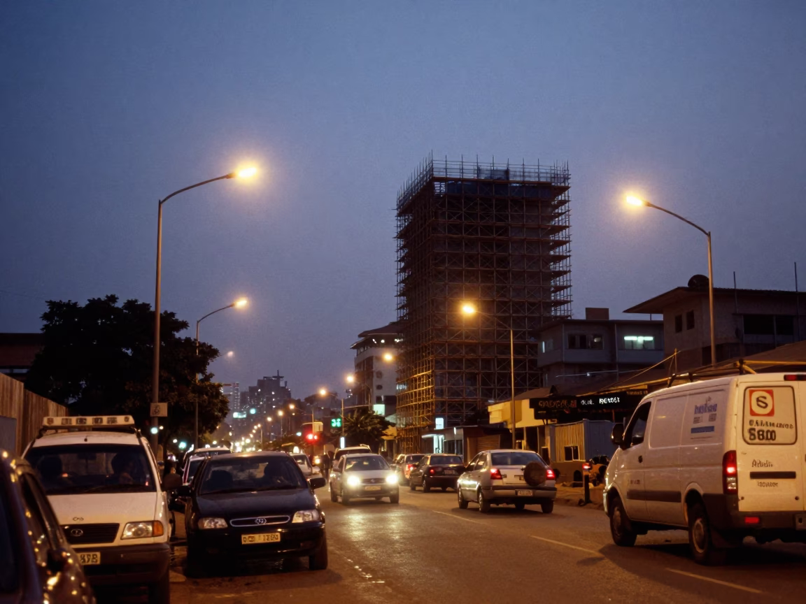 Accra Ghana Street Scene at Dusk with Construction Scaffolding and Local Commerce in in Accra, Ghana