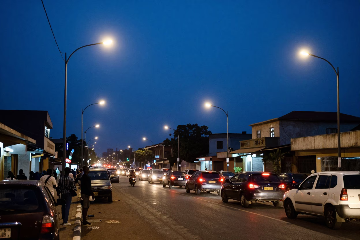 Accra Ghana street scene at dusk with glowing taillights on wet asphalt in in Accra, Ghana