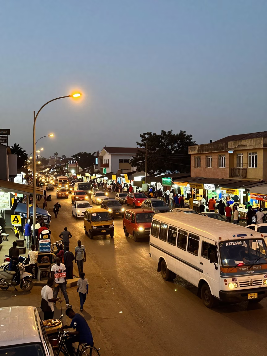 Accra Ghana Street Scene at Dusk with Traffic and Local Commerce in in Accra, Ghana