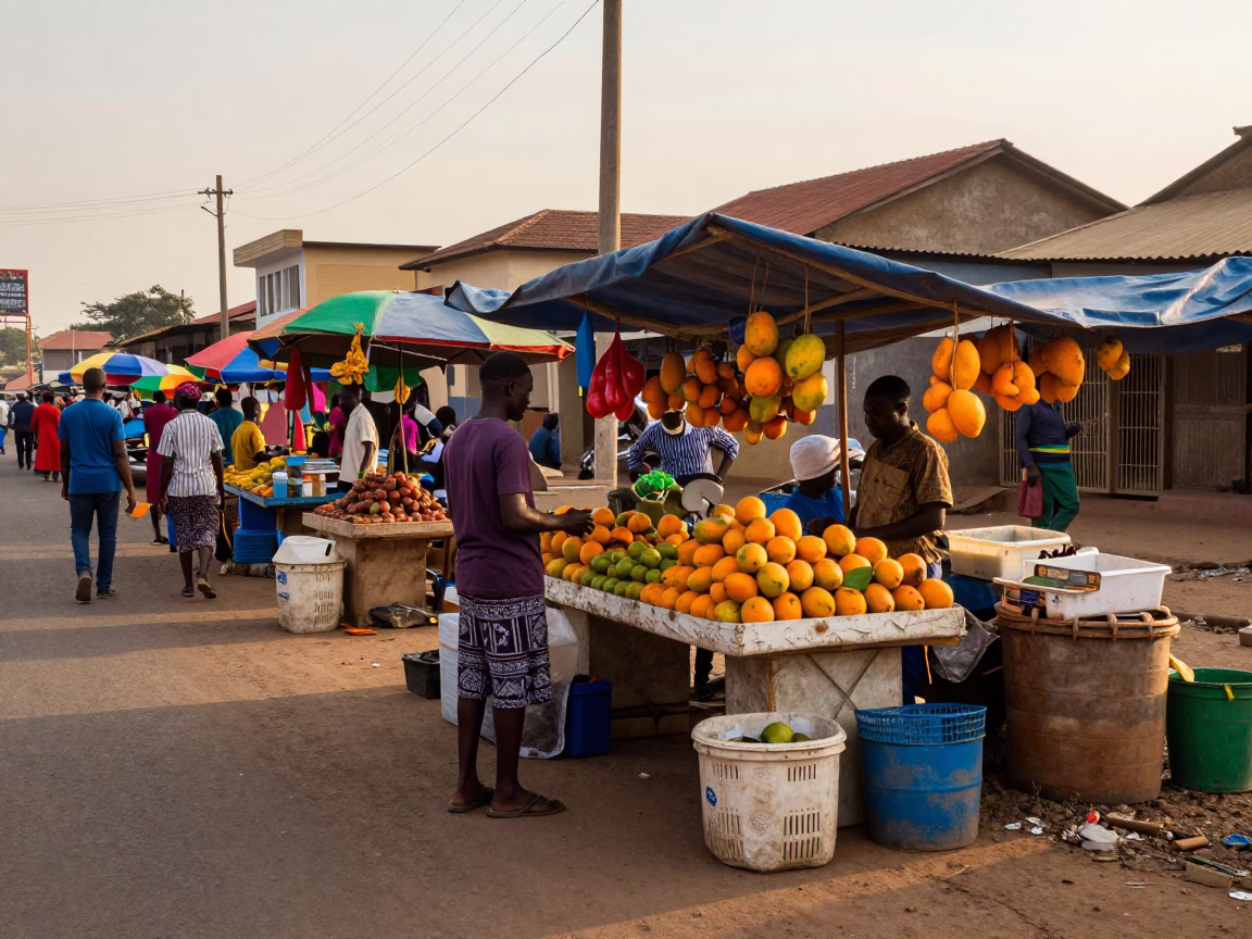 Accra Ghana street scene at golden hour with colorful vendor stall and pedestrians in in Accra, Ghana