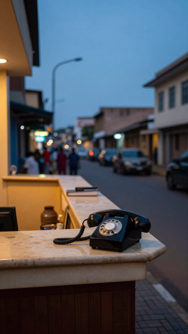 Accra Ghana Street Scene at Indigo Twilight with Vintage Bakelite Telephone on Reception Desk in in Accra, Ghana