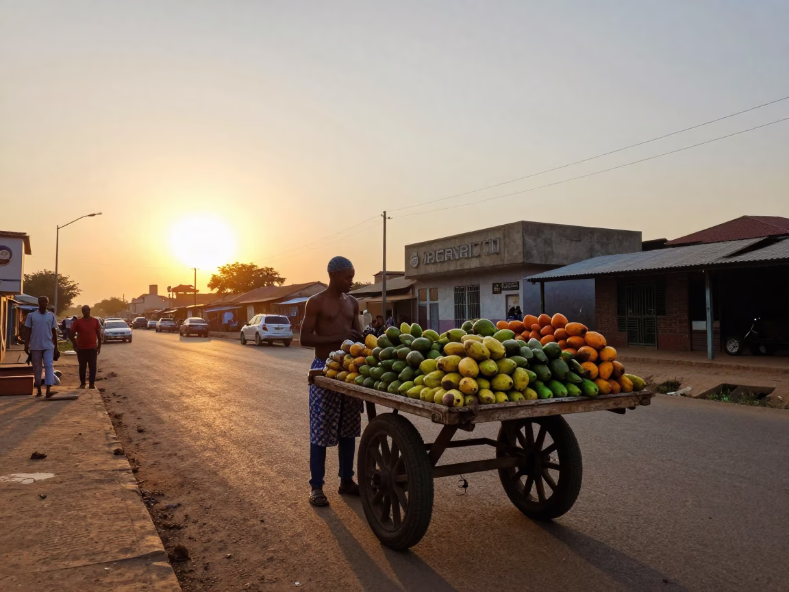 Accra Ghana street scene at sunset with avocado vendor and tiled storefront in in Accra, Ghana
