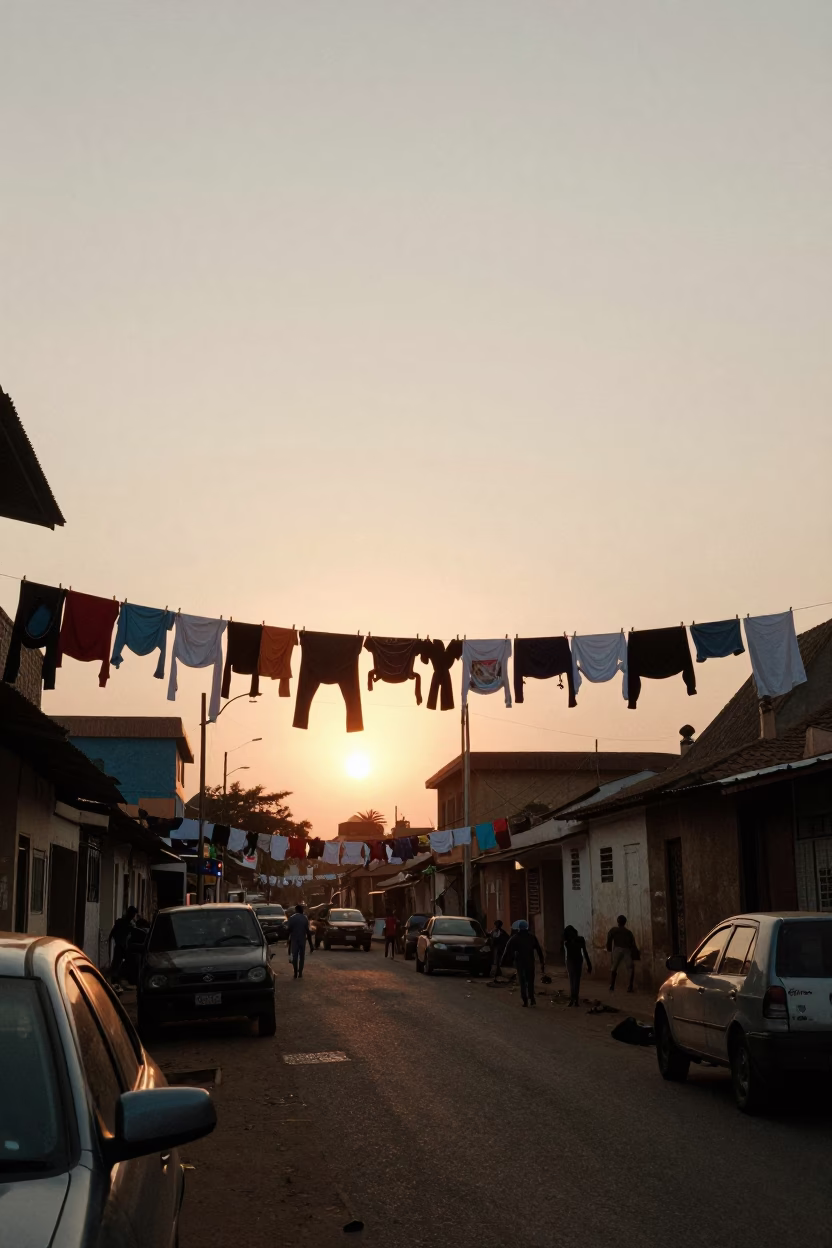 Accra Ghana Street Scene at Sunset with Clothesline and Urban Life in in Accra, Ghana