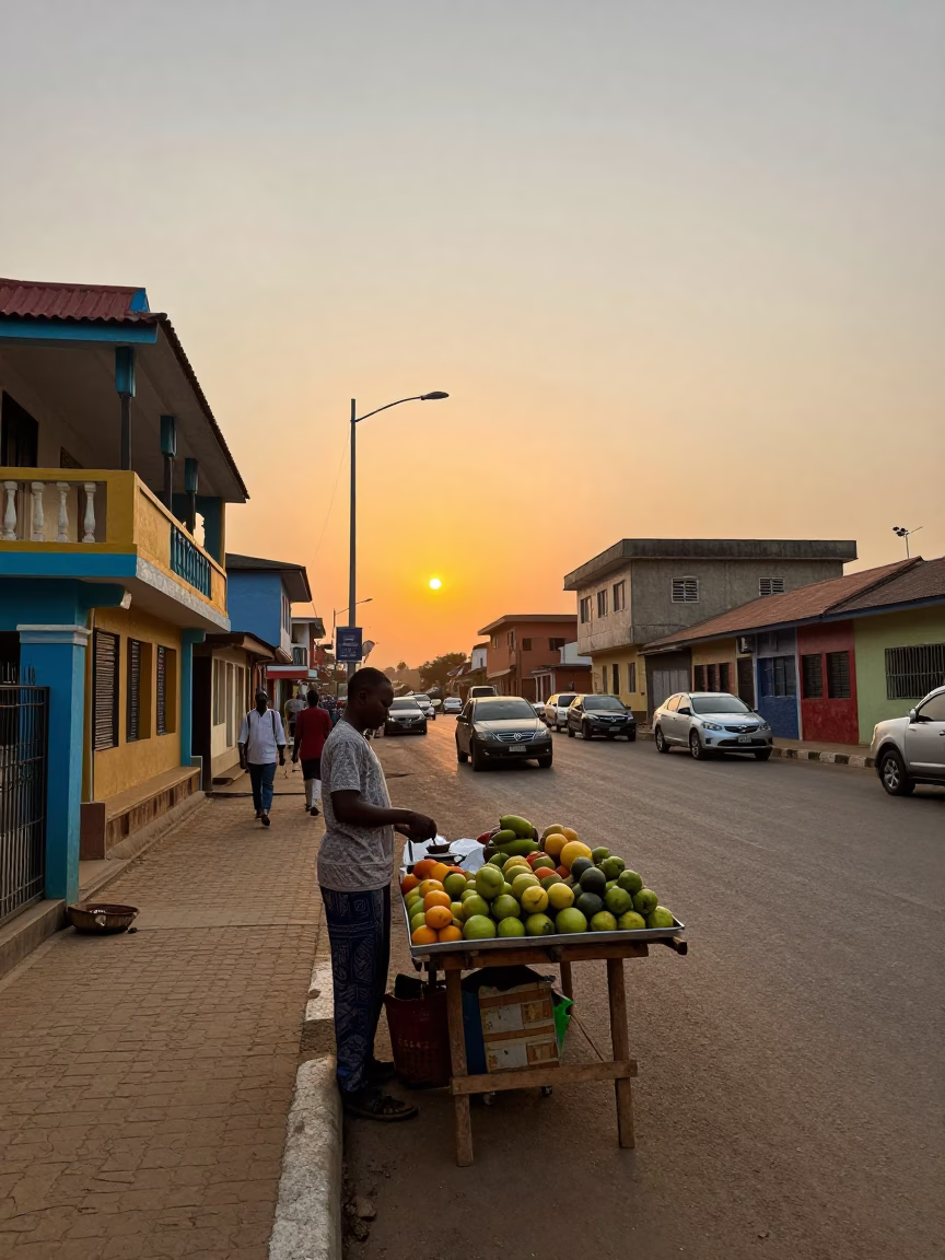 Accra Ghana street scene at sunset with colorful buildings and local commerce in in Accra, Ghana