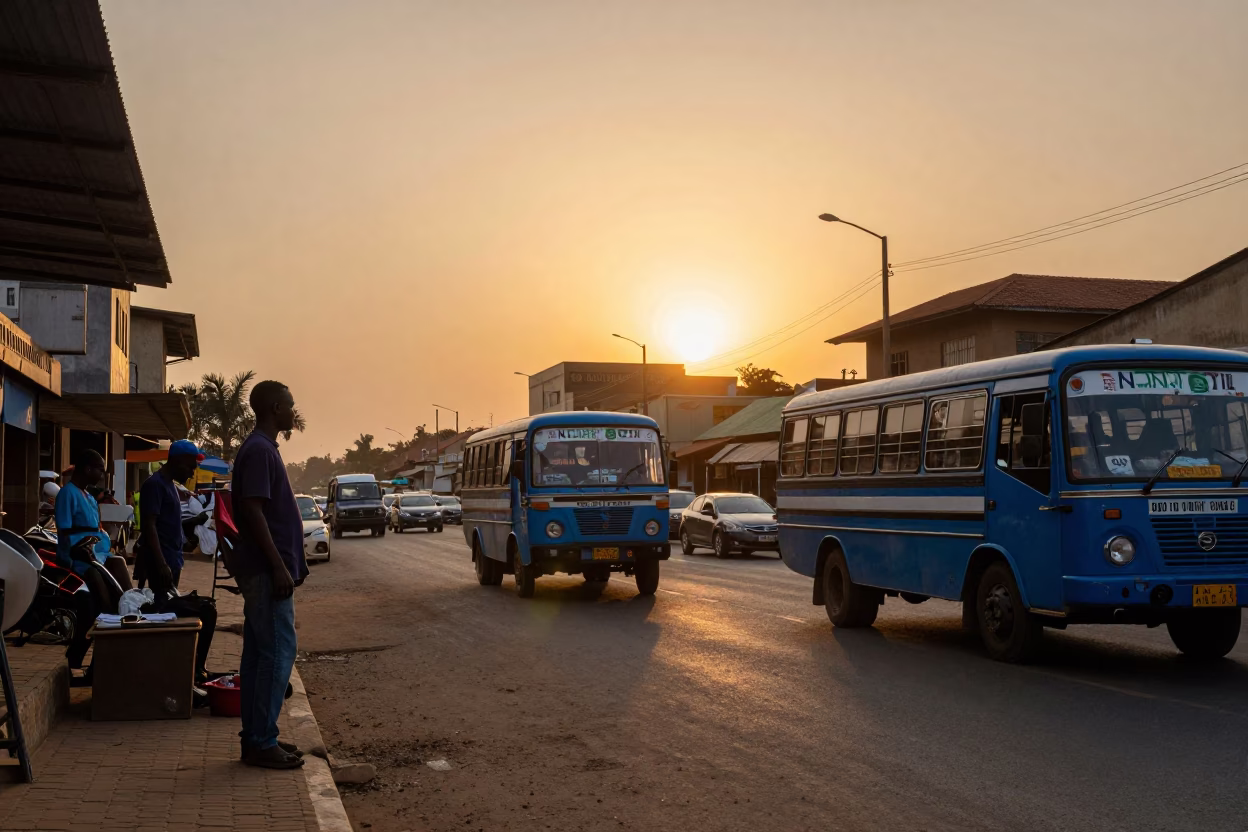 Accra Ghana Street Scene at Sunset with Local Vendor and Vintage Bus in in Accra, Ghana