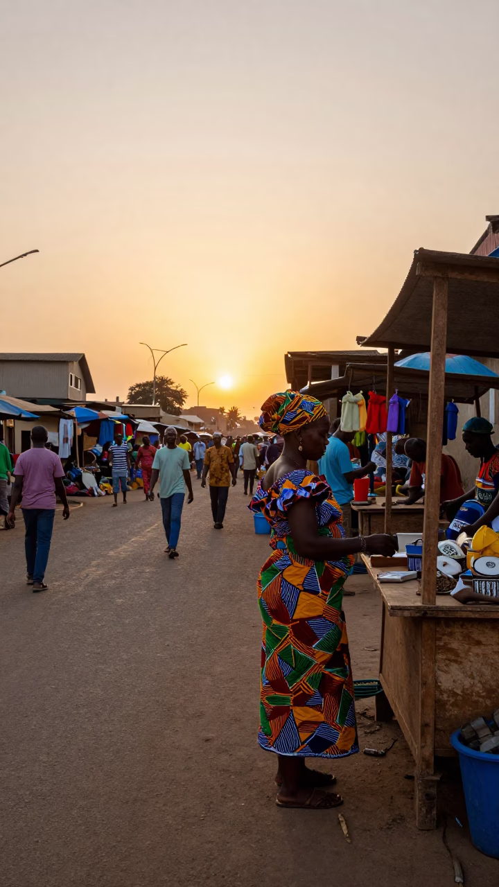 Accra Ghana street scene at sunset with local vendors and traditional architecture in in Accra, Ghana