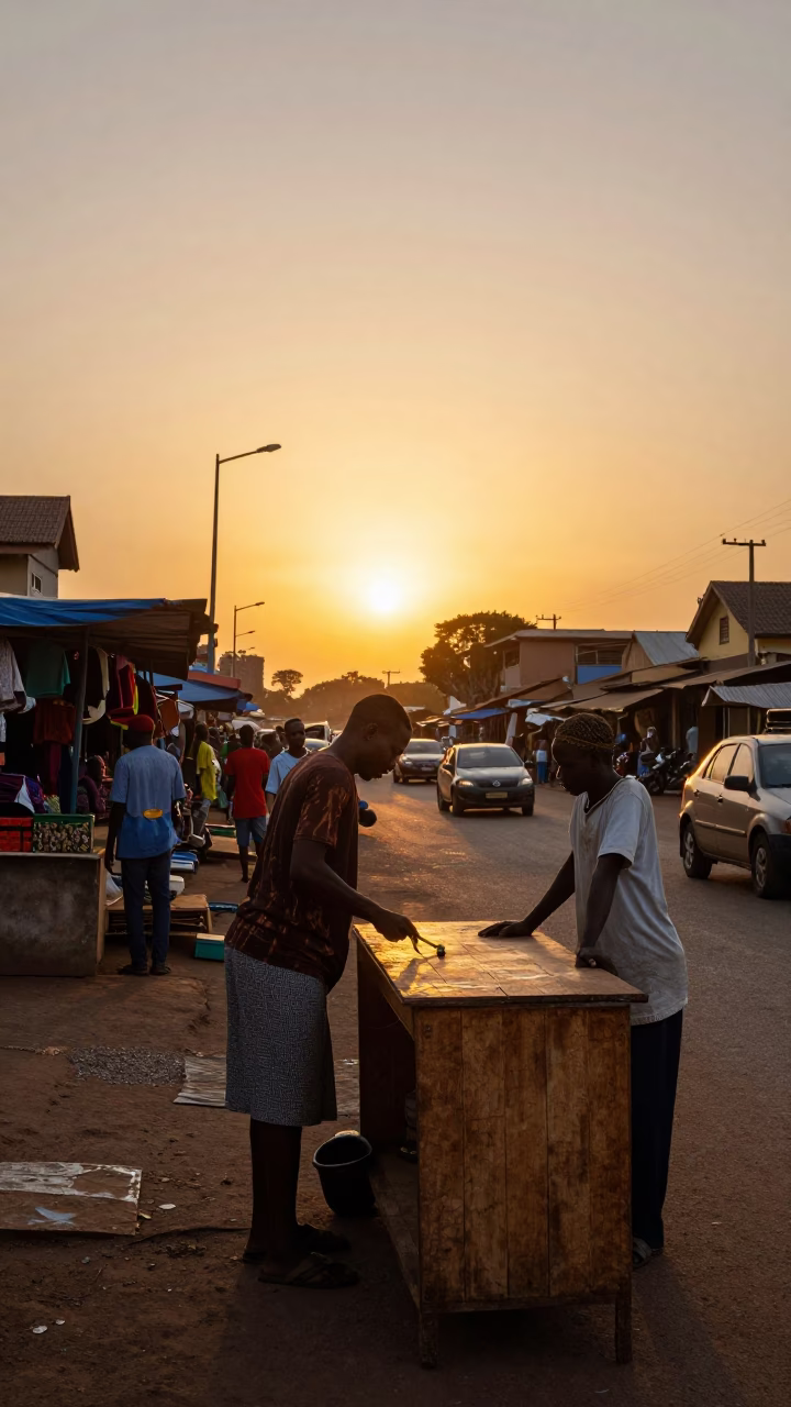 Accra Ghana Street Scene at Sunset with Measuring Tape and Vintage Microscope in in Accra, Ghana