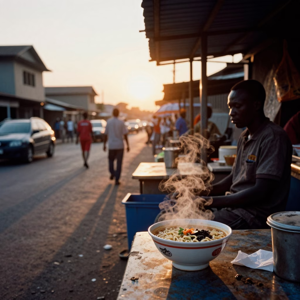 Accra Ghana Street Scene at Sunset with Ramen Bowl and Twine Detail in in Accra, Ghana