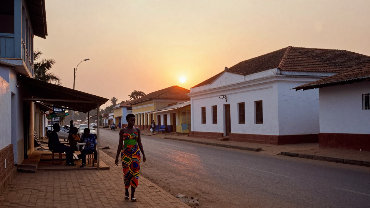 Accra Ghana Street Scene at Sunset with Traditional Architecture and Daily Life in in Accra, Ghana
