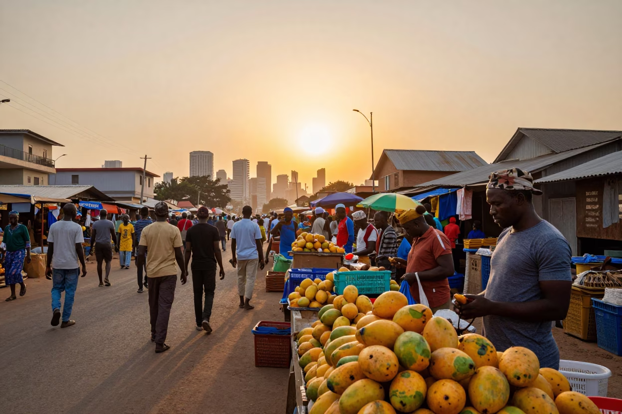 Accra Ghana street scene at sunset with vibrant market activity and local commerce in in Accra, Ghana