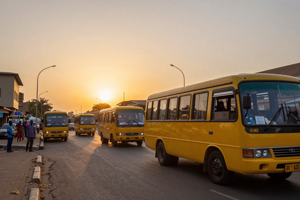 Accra Ghana street scene at sunset with vibrant yellow danfo buses and busy traffic in in Accra, Ghana