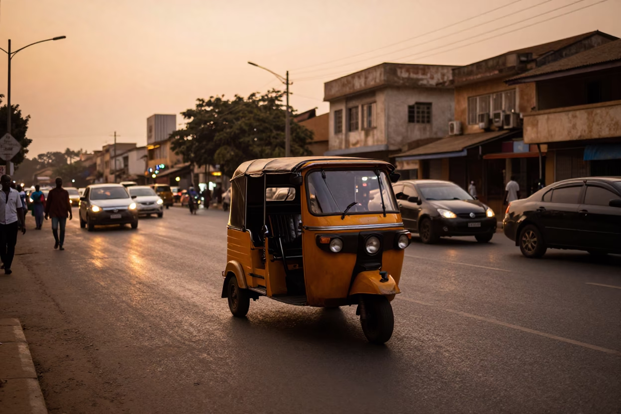 Accra Ghana Street Scene Before Dusk With Auto-Rickshaw And Glass Bottles in in Accra, Ghana