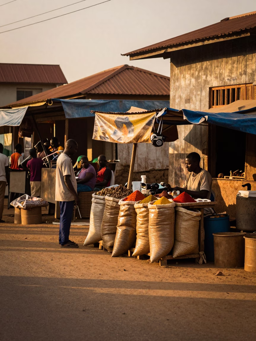 Accra Ghana Street Scene Before Dusk with Spices and Daily Life in in Accra, Ghana