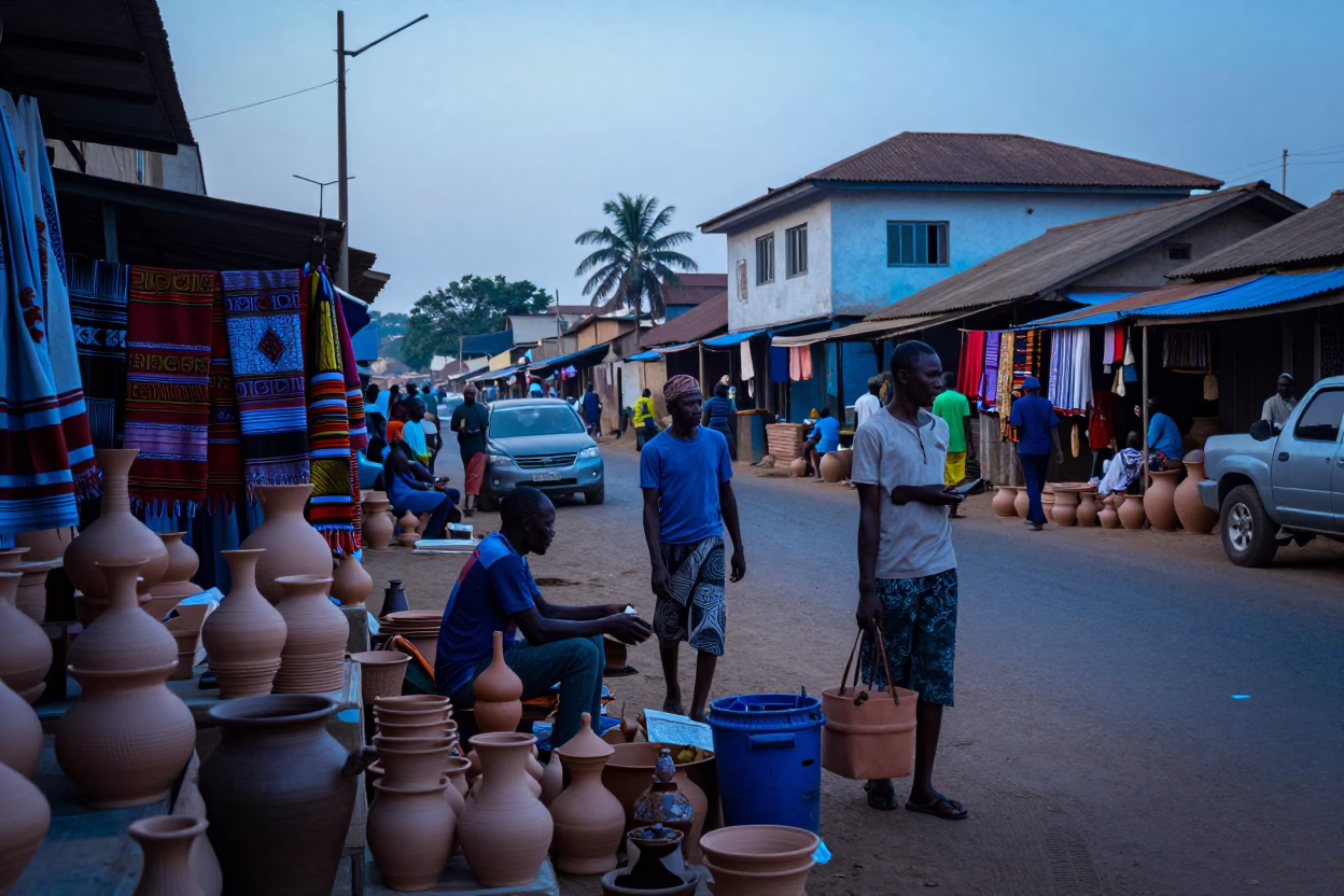 Accra Ghana street scene before sunrise with pottery market wares and local commerce in in Accra, Ghana