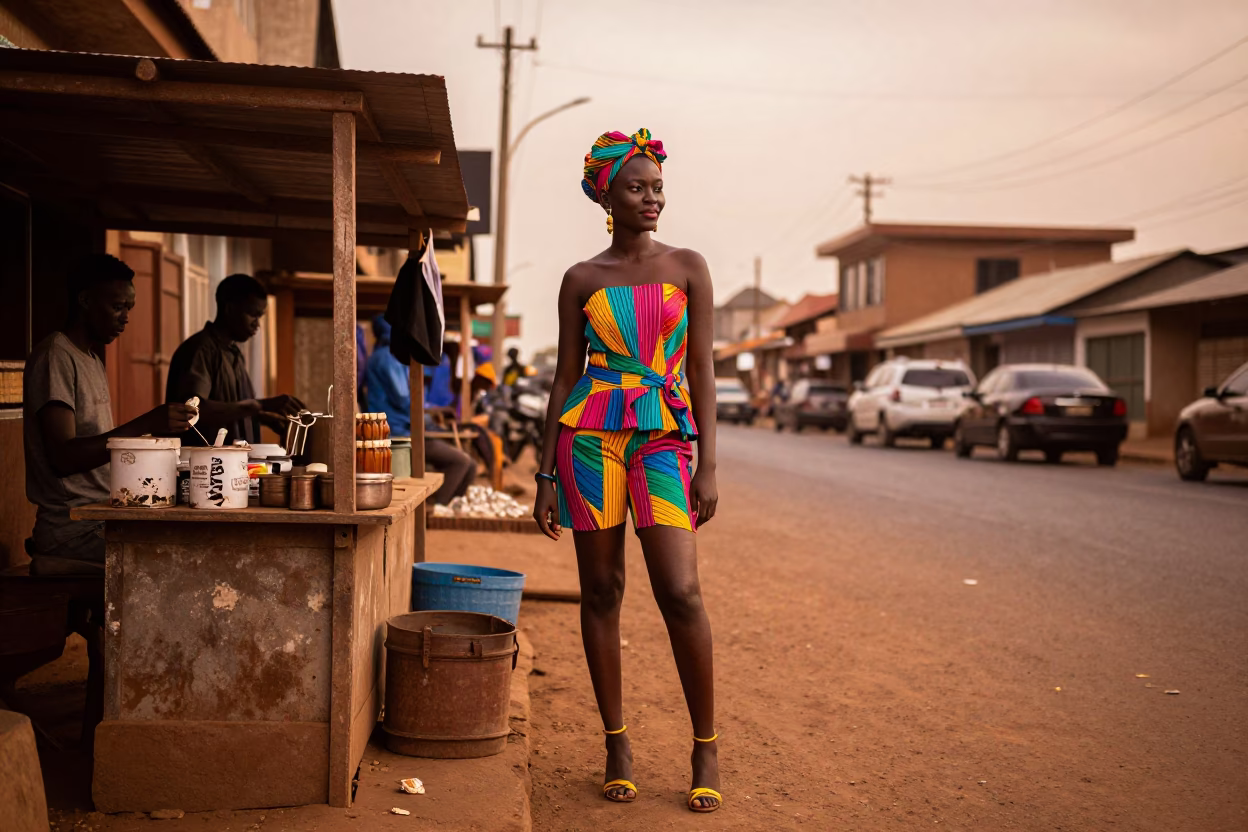 Accra Ghana Street Scene Copper Dusk Light Colorful High Fashion Local Market Interaction in in Accra, Ghana