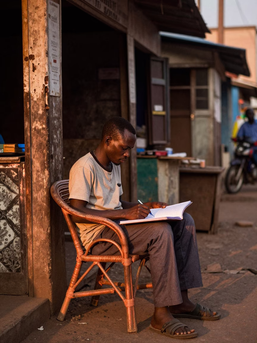Accra Ghana Street Scene Copper Dusk Light Rattan Chair and Ledger in in Accra, Ghana