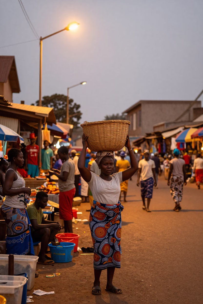 Accra Ghana Street Scene Copper Light Before Dusk Local Market Activity in in Accra, Ghana
