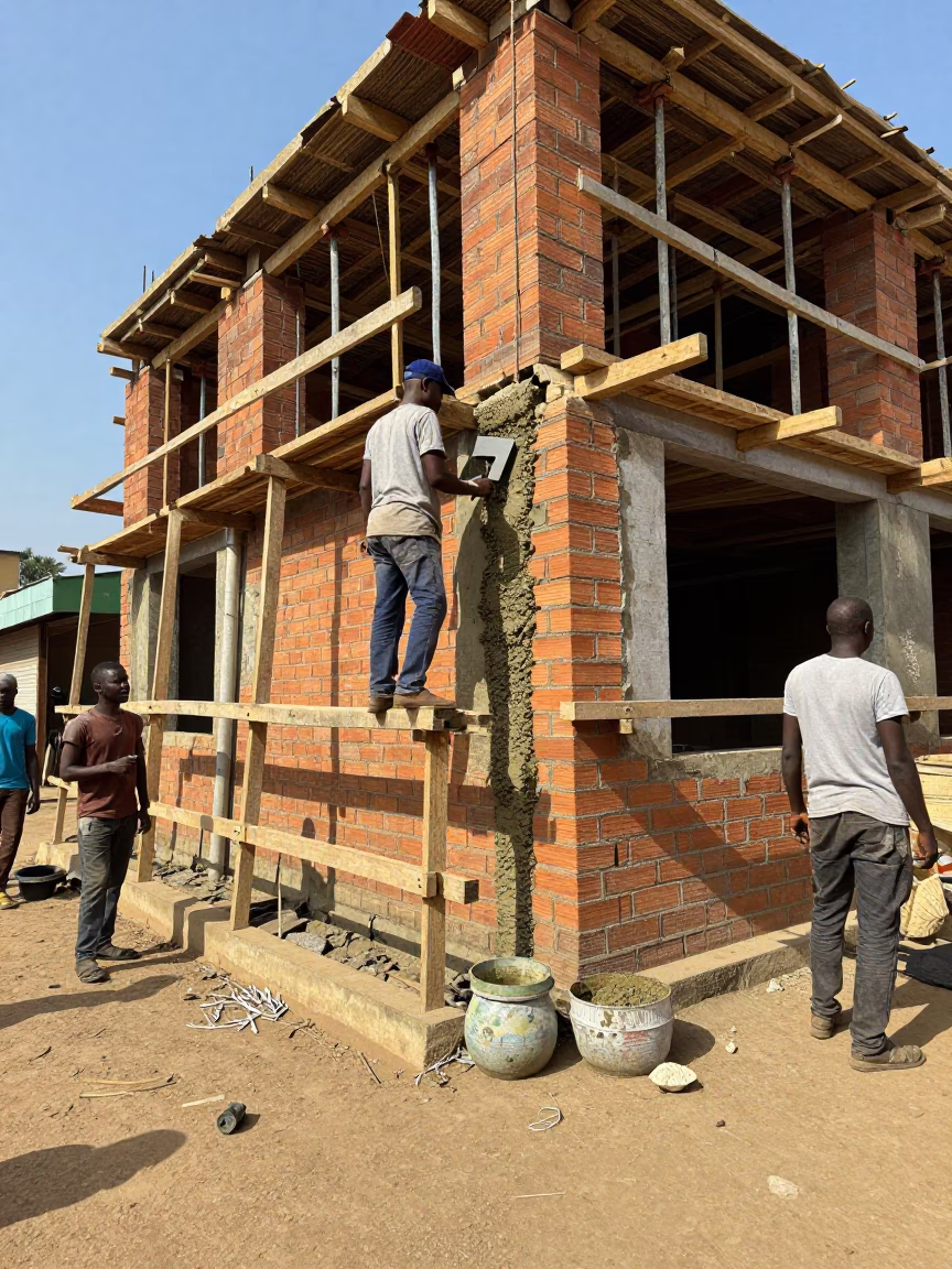 Accra Ghana Street Scene Early Afternoon Masons Construction Work and Urban Life in in Accra, Ghana