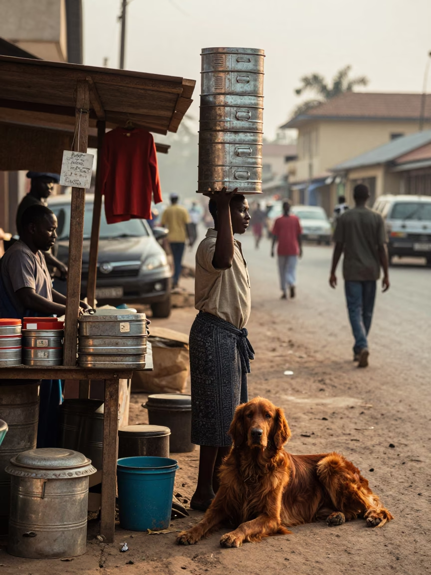 Accra Ghana Street Scene First Light with Tiffin Tin and Irish Setter in in Accra, Ghana