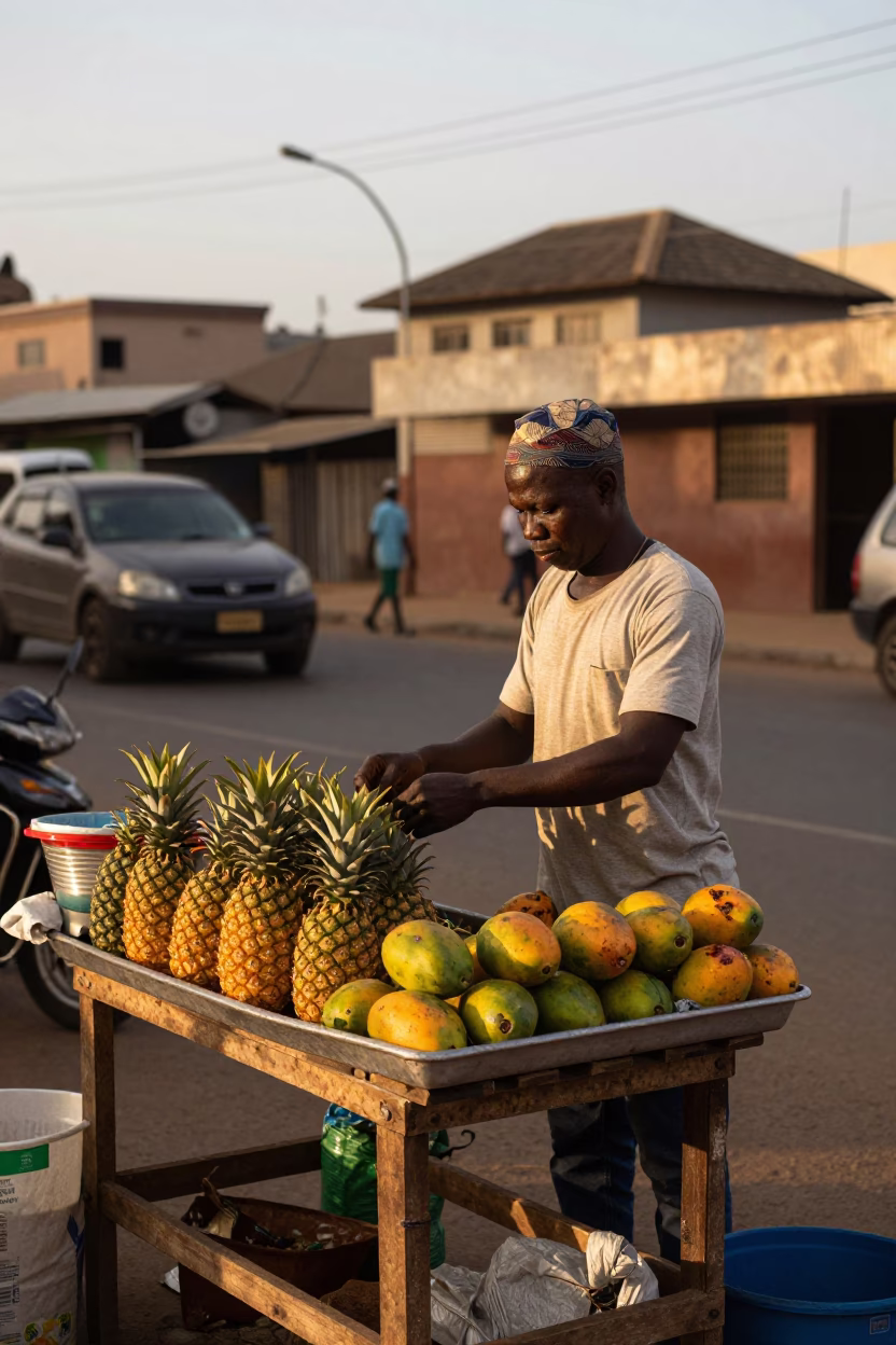 Accra Ghana Street Scene Honeyed Evening Light Local Vendor and Daily Life in in Accra, Ghana
