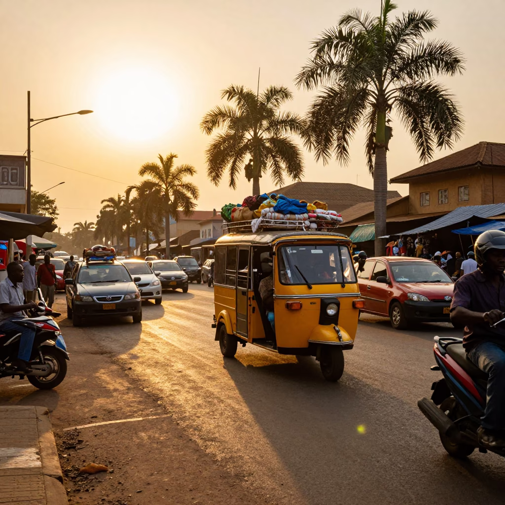 Accra Ghana Street Scene Honeyed Evening Light with Local Market Activity in in Accra, Ghana