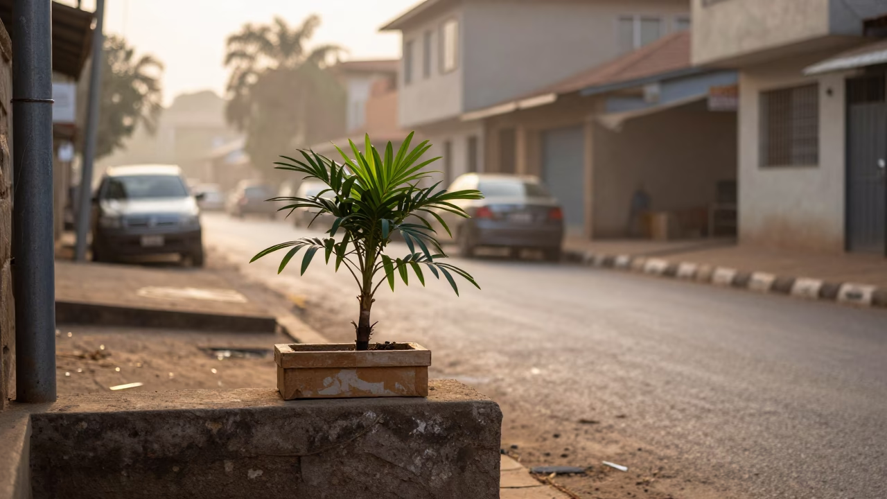 Accra Ghana street scene just after sunrise with houseplant and shoebox in in Accra, Ghana