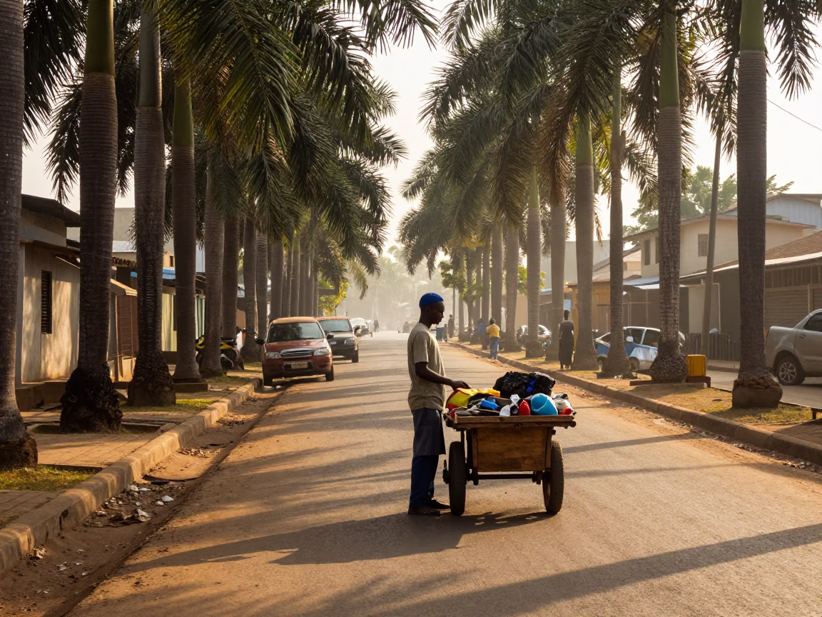 Accra Ghana Street Scene Just After Sunrise With Local Vendor And Everyday Objects in in Accra, Ghana