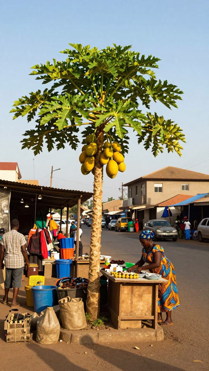 Accra Ghana Street Scene Late Afternoon Papaya Tree and Local Market Activity in in Accra, Ghana
