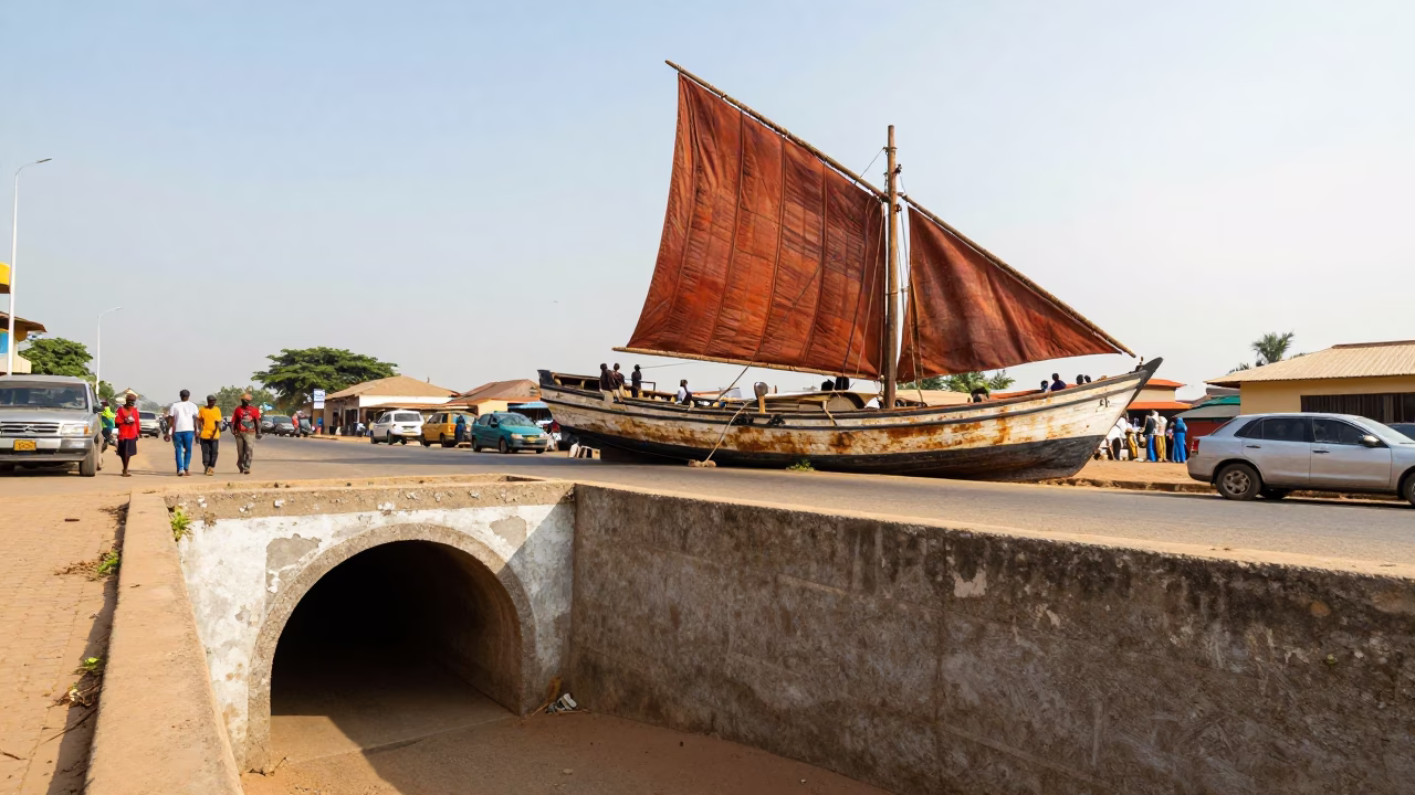 Accra Ghana street scene midmorning light with junk boat and concrete infrastructure in in Accra, Ghana