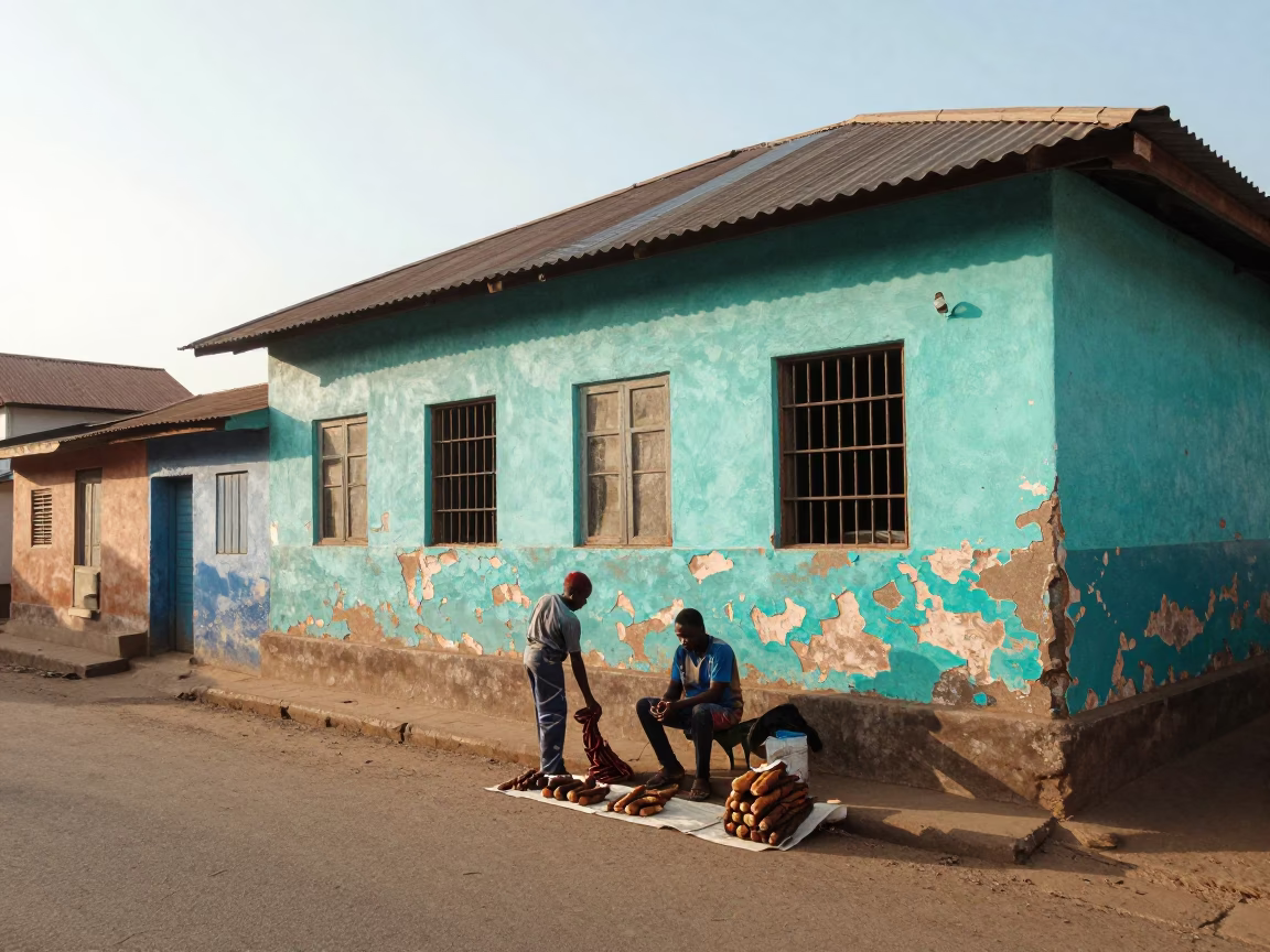 Accra Ghana street scene peeling turquoise paint morning light in in Accra, Ghana