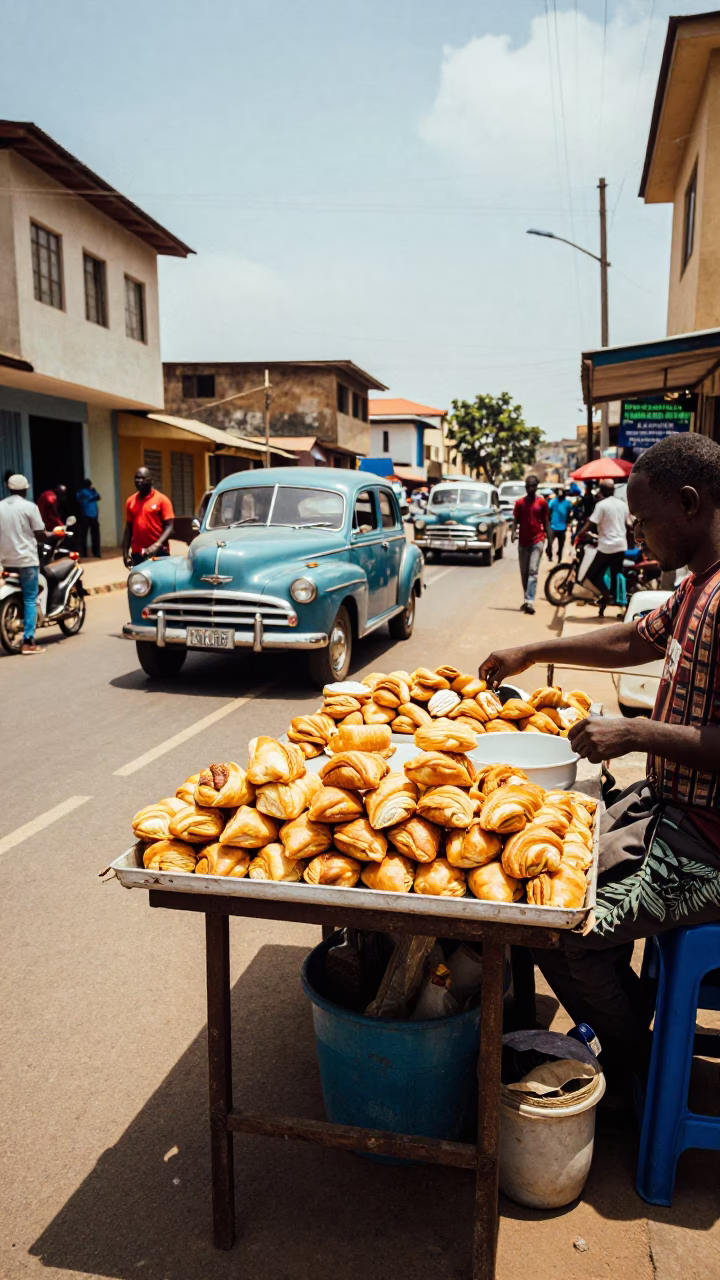 Accra Ghana Street Scene with Colorful Pastries and Vintage Car Rally Background in in Accra, Ghana