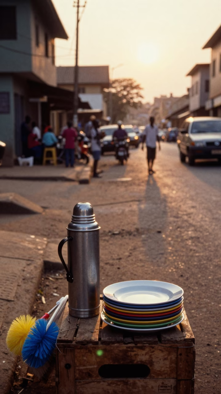 Accra Ghana street scene with thermos and dish brushes at golden hour in in Accra, Ghana