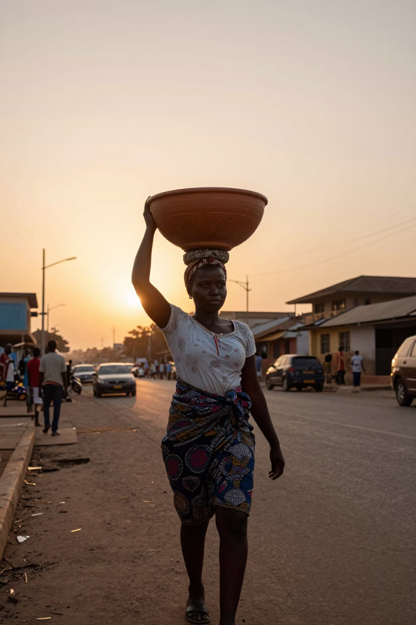 Accra Ghana street scene with woman carrying ceramic bowl on head at sunset in in Accra, Ghana