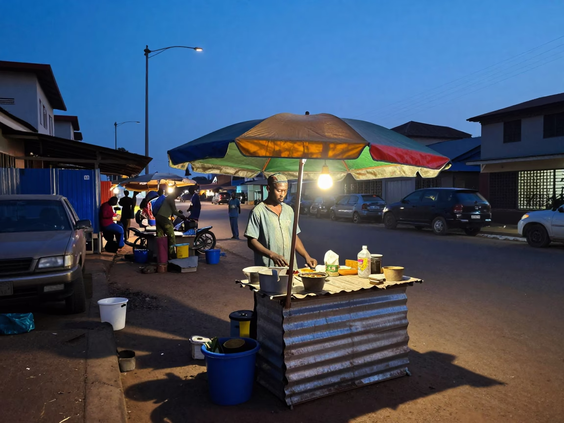 Accra Ghana Street Vendor Pre-Dawn Morning Activity with Colorful Canopy in in Accra, Ghana