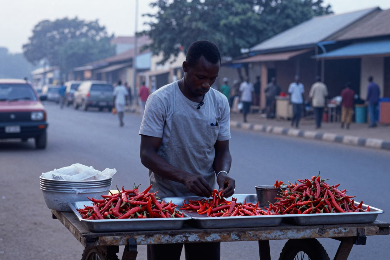 Accra Ghana street vendor preparing spicy chili peppers before sunrise in cool morning light in in Accra, Ghana