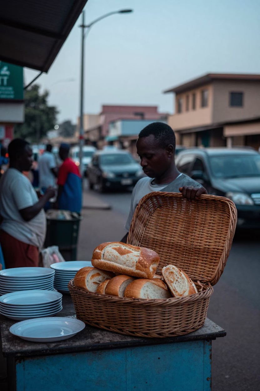 Accra Ghana street vendor selling fresh bread and plates before sunrise in in Accra, Ghana