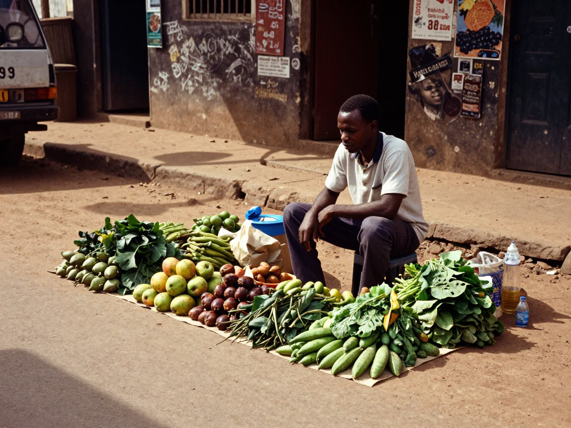 Accra Ghana Street Vendor Selling Fresh Fruit and Vegetables Under Bright Sunlight in in Accra, Ghana