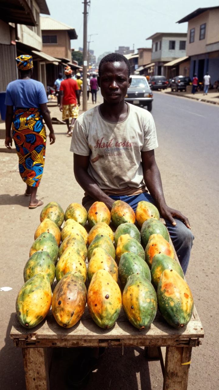 Accra Ghana Street Vendor Selling Fresh Papayas Under Bright Midmorning Sunlight in in Accra, Ghana