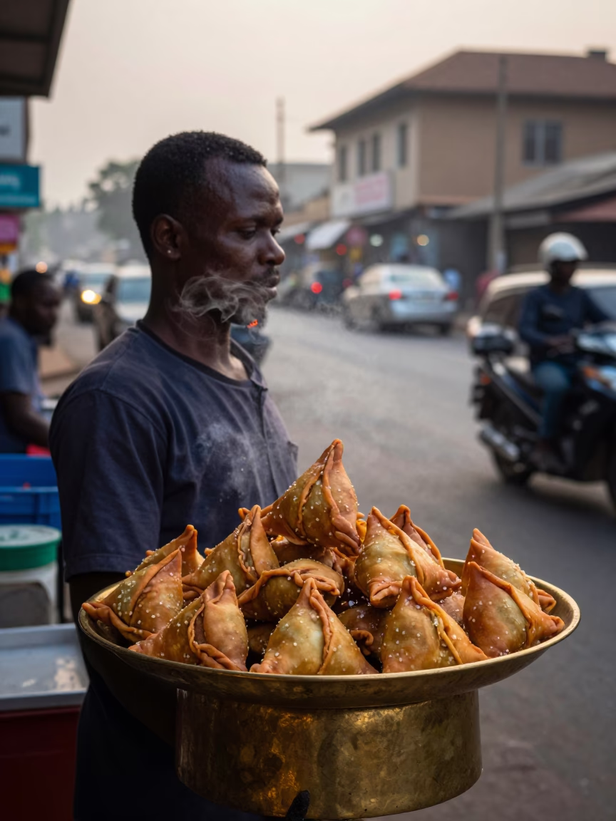 Accra Ghana street vendor selling samosas on brass plate before sunrise in in Accra, Ghana