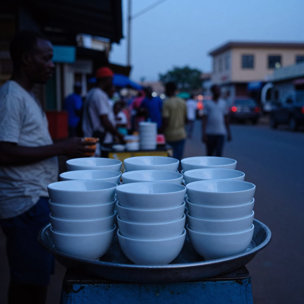 Accra Ghana street vendor selling soup bowls at nautical dawn in in Accra, Ghana