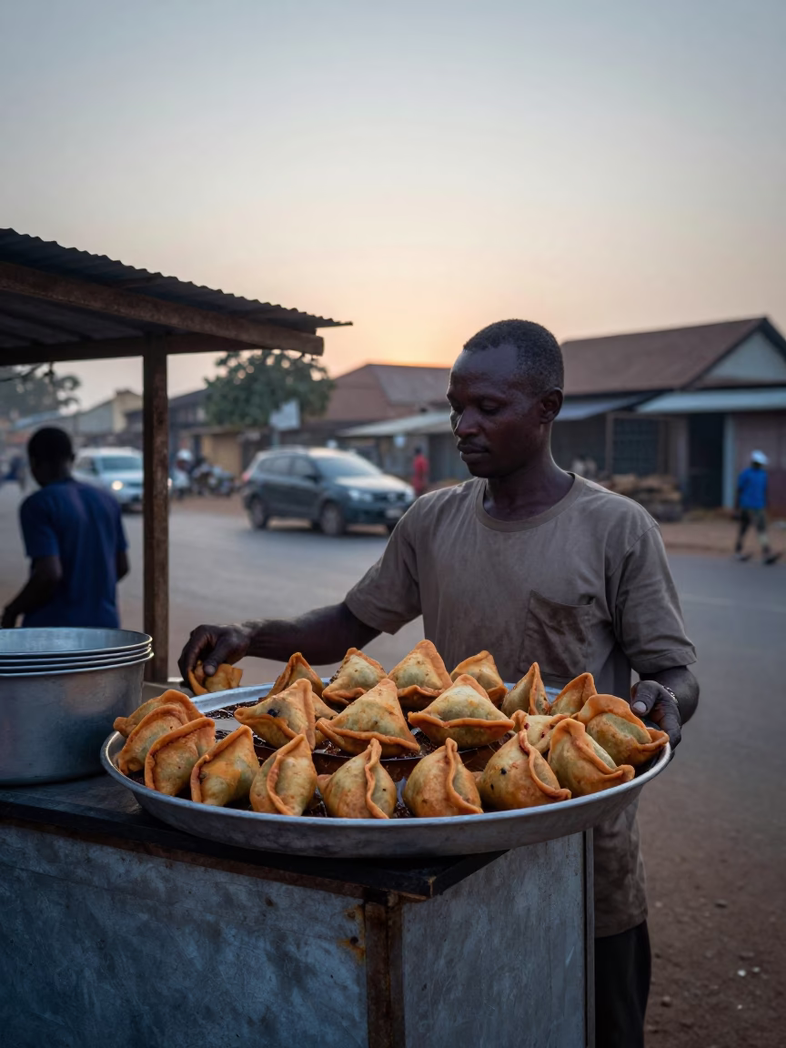 Accra Ghana street vendor selling spicy meat sambusa before sunrise in in Accra, Ghana