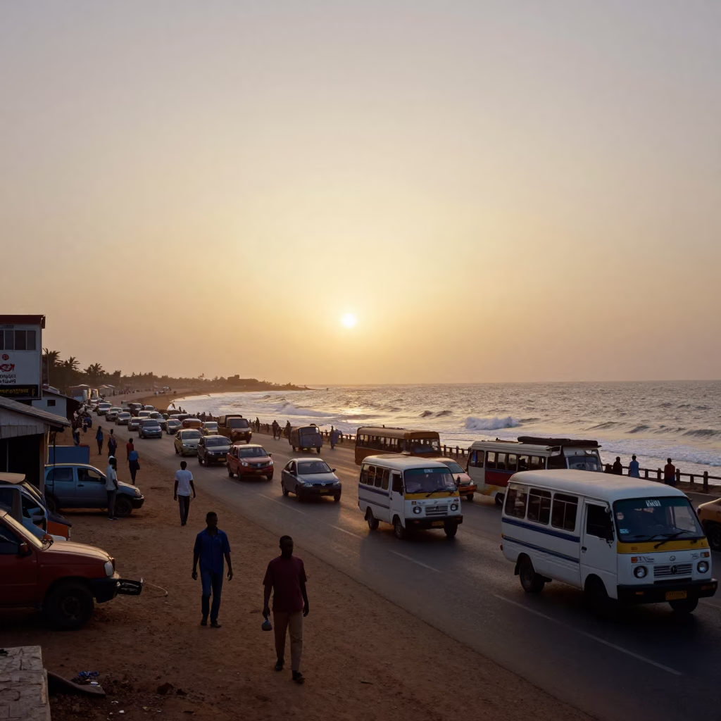 Accra Ghana Sunset Horizon View Over Coastal Traffic and Local Life in in Accra, Ghana