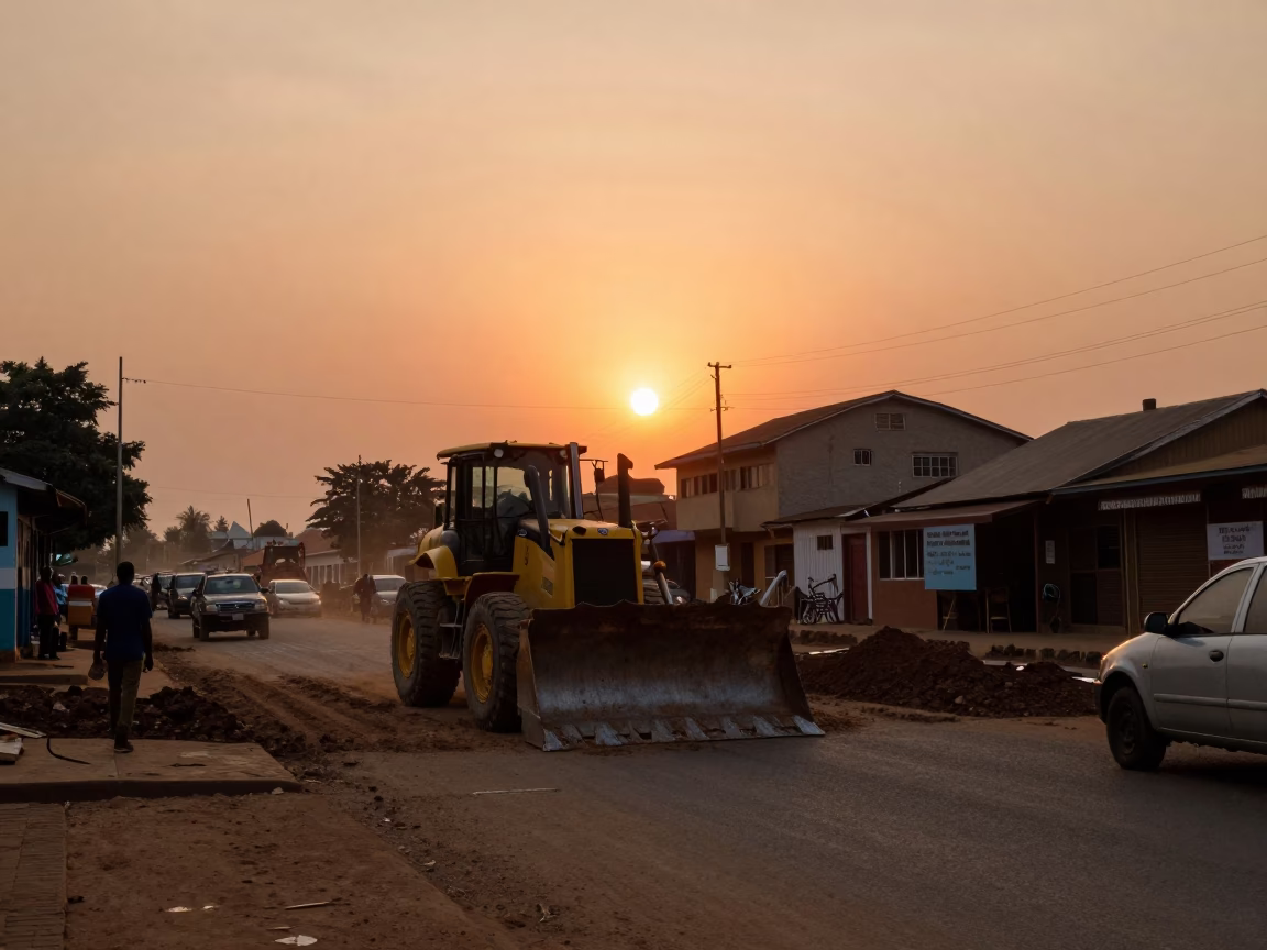 Accra Ghana Sunset Street Scene with Bulldozer Construction and Local Traffic in in Accra, Ghana